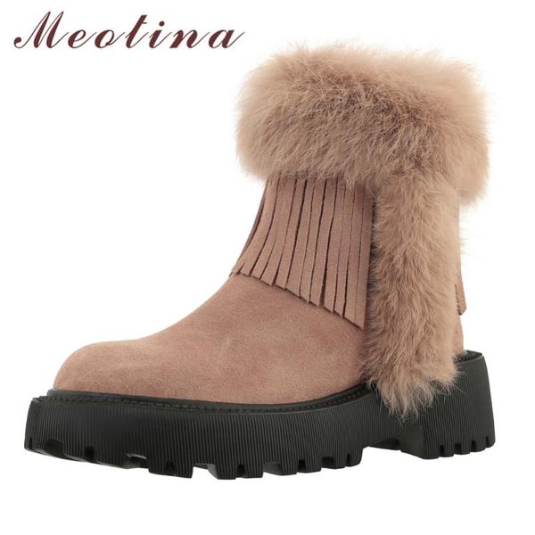 

boots meotina women snow shoes real leather platform block high heel ankle fringe zip fur short pink, Black