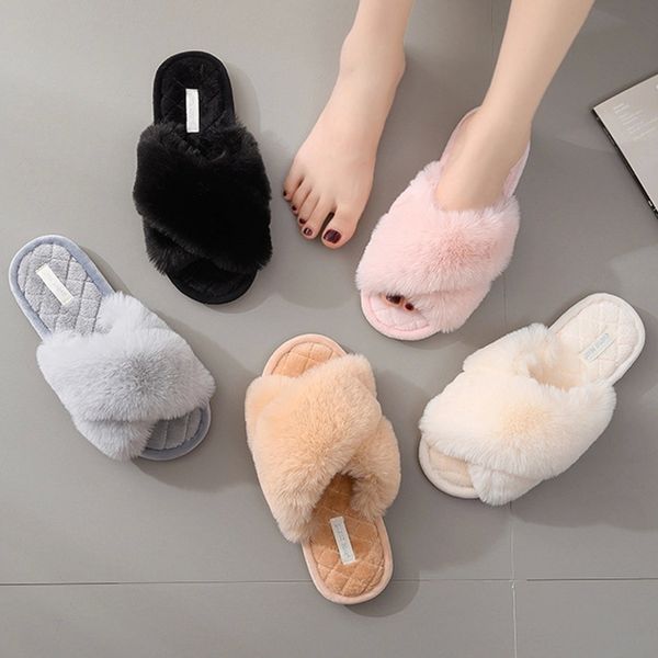 

luxury winter house women fur slippers fuzzy cross band ladies open toe shoes non-slip indoor bedroom women fluffy slippers #8h2i, Black