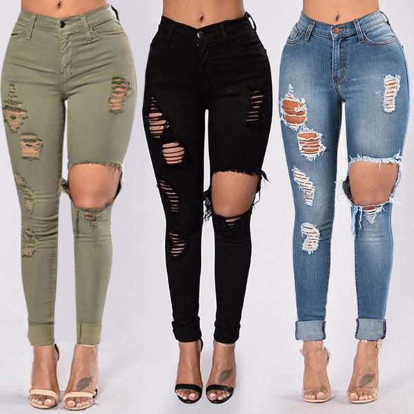

women big hole denim jeans 2020 summer elastic jeans for women with high waist trousers black green denim pants#0318g30, Black;white