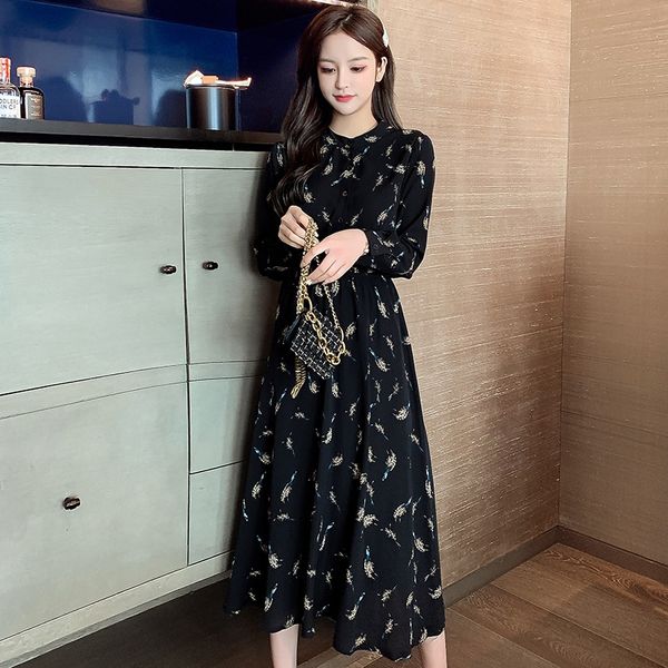 

spring and autumn long skirt 2020 new floral chiffon dress with feminine temperamentblack and fairy long dress znil2, Black;gray
