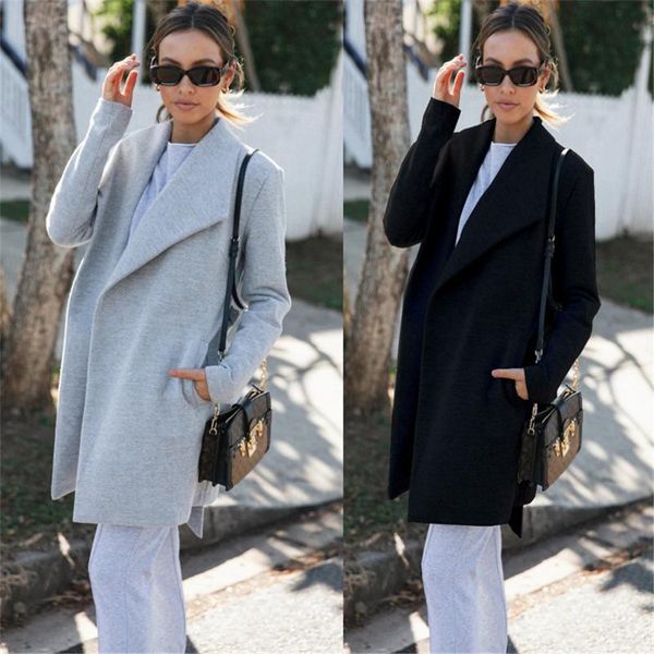 

casual simple style coat woman solid color turn down collar loose trench jacket coat drawstring autumn ladies clothes, Tan;black