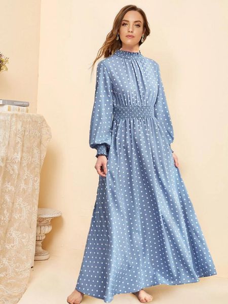 

autumn polka dot print green dress women long sleeve elastic waist frill o-neck swing maxi dress plus size robe musulmane longue, Black;gray