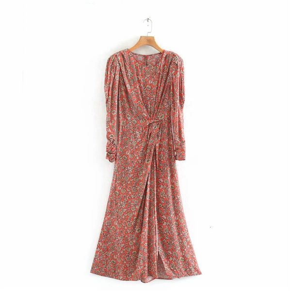 

2021 new women vintage floral print draped long sleeves back opening midi dress fashion front hem vents chic dresses bbqh, Black;gray