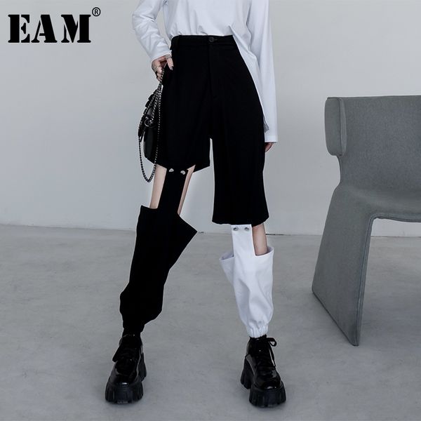 

[eam] high waist black hollow out long wide leg trousers new loose fit pants women fashion tide spring summer 13t510 201106, Black;white