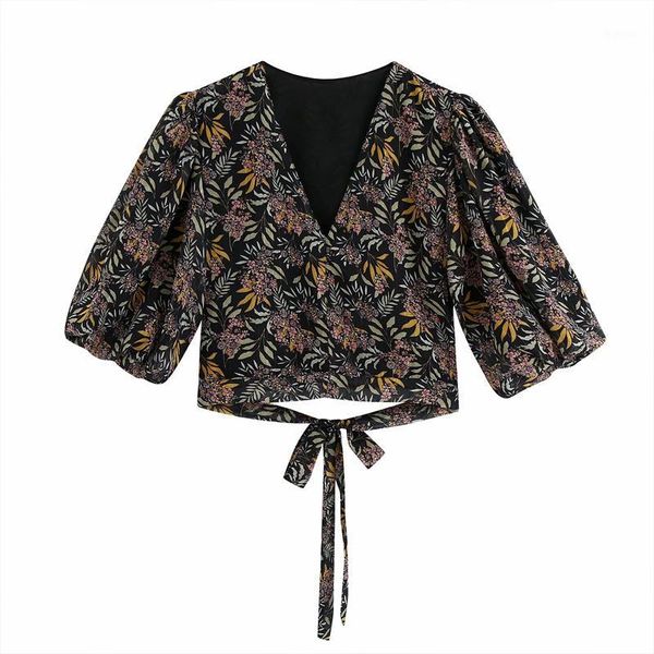 

2020 women's new flower printed v-neck short shirt temperament feminine long-sleeved with bow decoration on the back bb25811, White