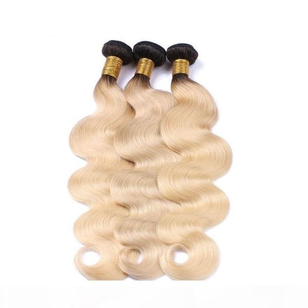 

unprocessed brazilian body wave human hair weaves 613 blonde two tone color full head 3pcs lot double wefts remy hair extensions weaves, Black