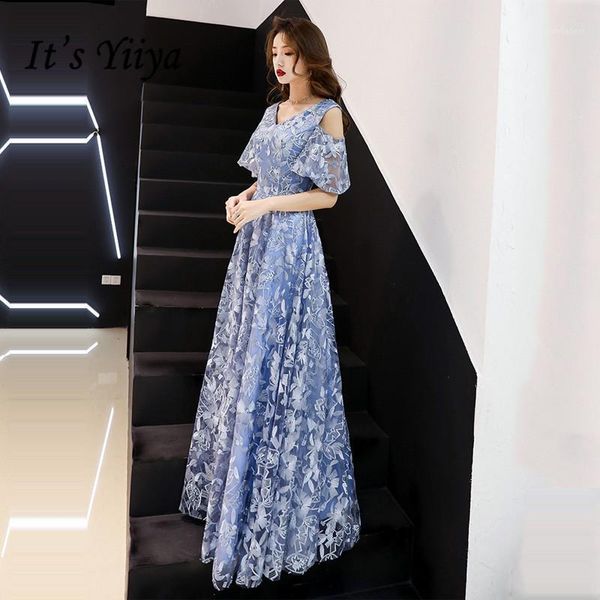 

blue evening dress it's yiiya r283 embroidery v-neck long dress evening party gowns short sleeve a-line vestidos de fiesta 20201, White;black