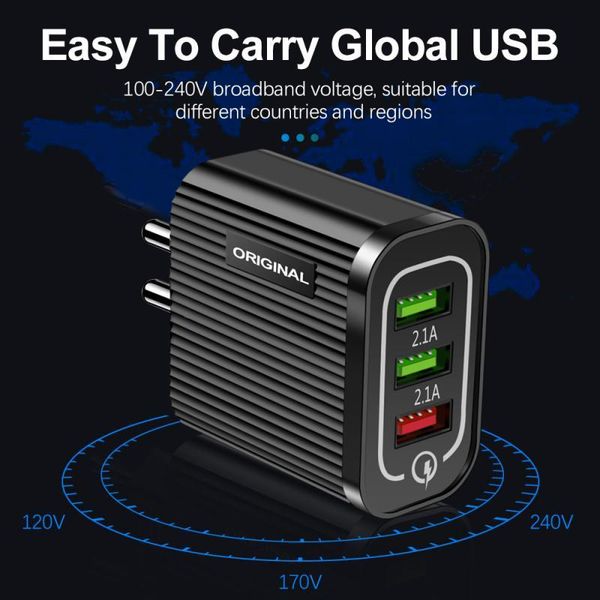 

qc3.0 3usb fast charge mobile phone charger multi-port u.s. standard, european standard and british standard travel charger