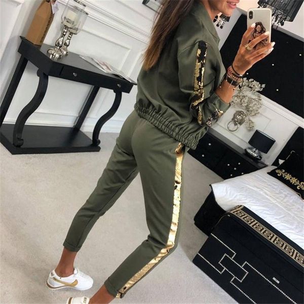 

two piece set tracksuit women autumn clothes gold side striped zipper coat and pants 2pcs sweat suits female casual outfits, Gray