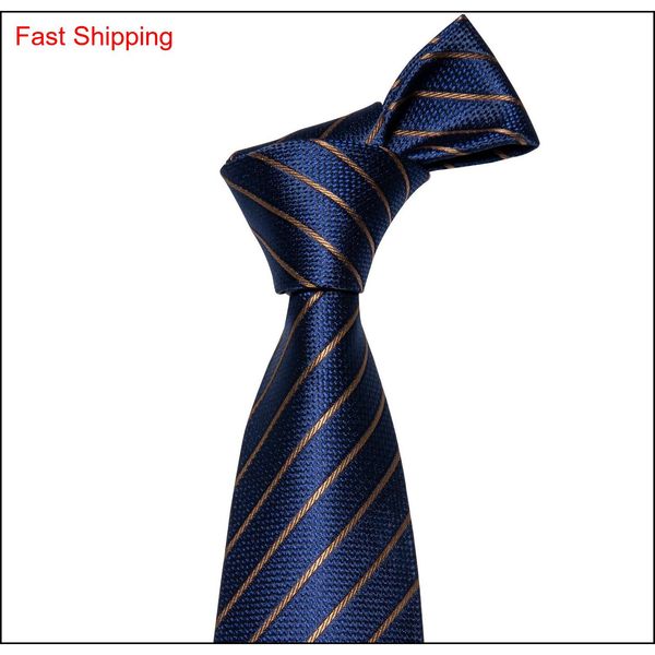 

fast shipping silk ties mens 100% designers fashion navy blue striped tie hanky cufflinks sets for mens formal qylzsa bdefashion, Black;blue