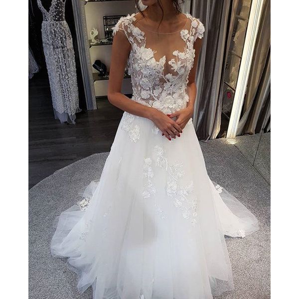 

boho beach scoop wedding dress floral lace appliques a line sleeveless bride dresses illusion sweep train bridal gowns with back buttons, White