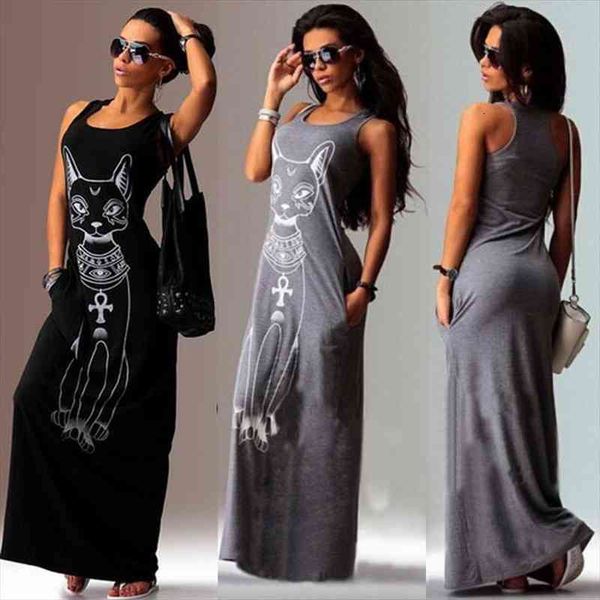

long summer dress beach sundress cat printed grey bodycon summer style women dress 2016 maxi, Black;gray