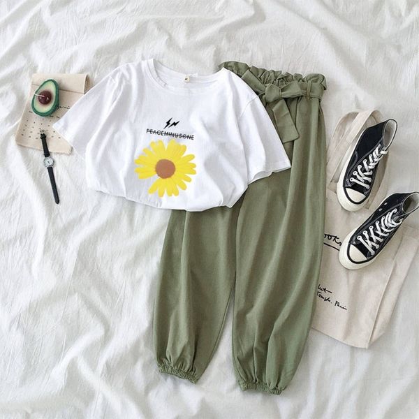 

pps0r two-piece t-shirt suit 2020 casual pants summer harlan korean style nine-point new casual pants short sleeve t-shirt women's spor, Gray