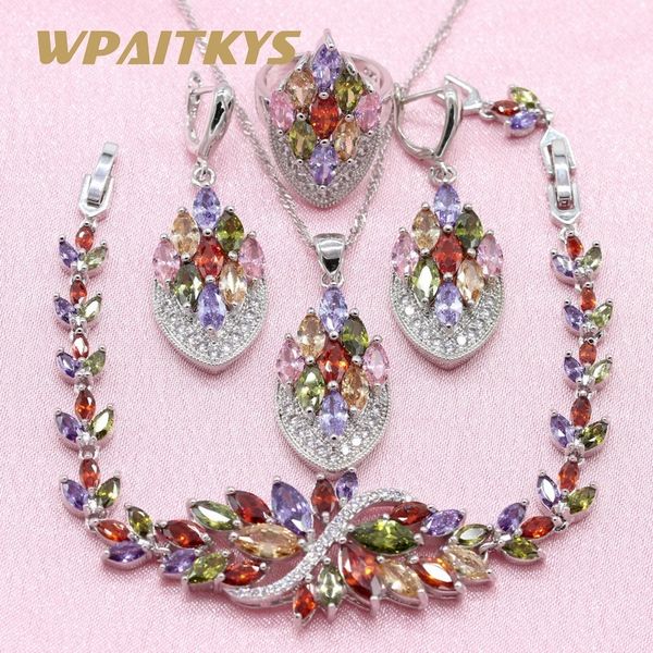 

exquisite multicolor cubic zirconia silver color jewelry sets for women earrings necklace pendant ring bracelet gift boxs 201222, Slivery;crystal