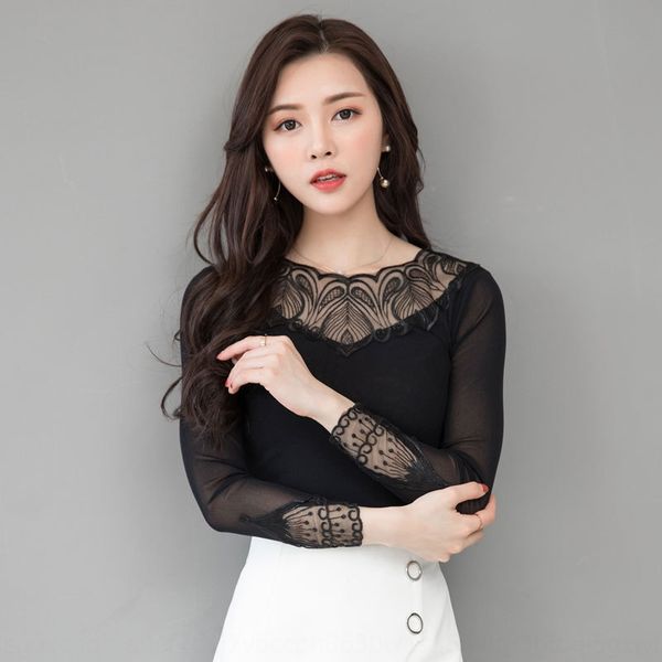 

2020 spring new korean style lace shirtshirt shirtwomen's slim solid color large size round neck stitching long sleeve lace base shirt, White