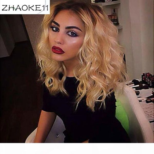 

european and american women's new chemical fiber before lace dyeing anti-roll short curls high-temperature silk wig head cover329, Black;brown