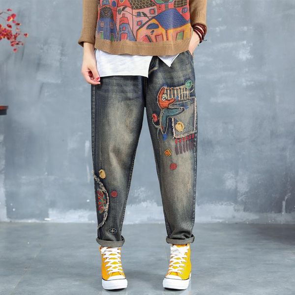 

women's jeans 2021 spring autumn women loose cotton denim boyfriend elastic high waist cartoon embroidered harem pants trou, Blue