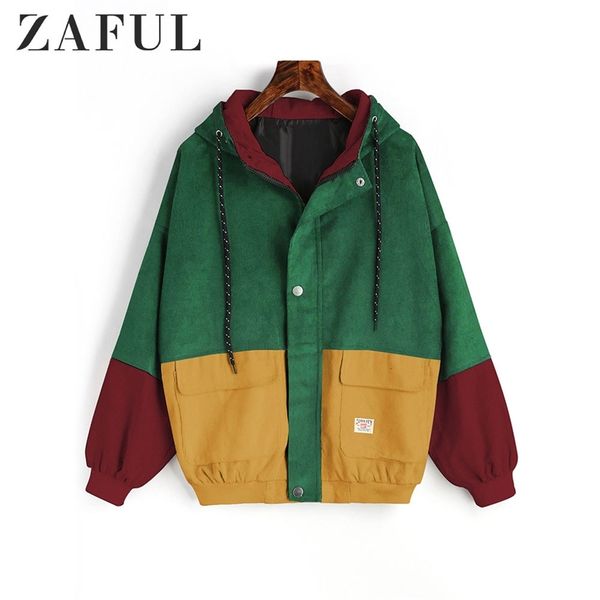 

zaful jacket coat women patchwork color block hooded pocket corduroy jackets autumn casual jacket coats women outerwear y200101, Black;brown