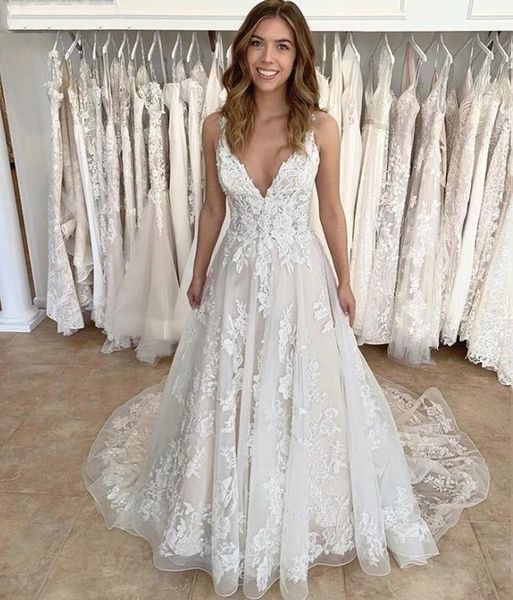 

vintage deep v neck lace wedding dresses 2021 with appliques sweep train lace up back a line bridal gowns, White