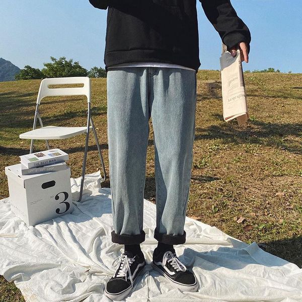 

men's jeans winter plus velvet thick fashion casual wide-leg men streetwear loose hip-hop straight denim trousers mens, Blue