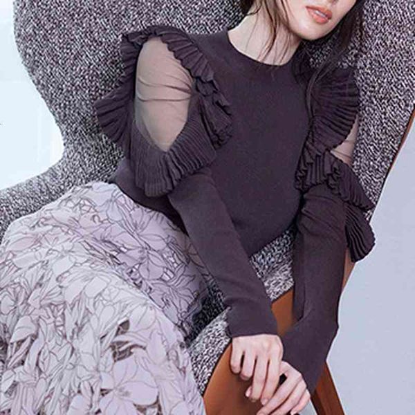 

women's hoodies & sweatshirts janpanese knitted pullover 2022 early autumn women jumper gauze off shoulder pleated ruffled flying sleev, Black