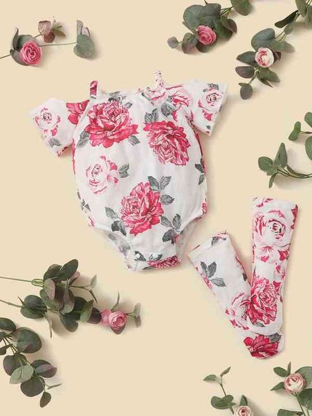 

baby floral cold shoulder bodysuit with leg warmer she, Blue