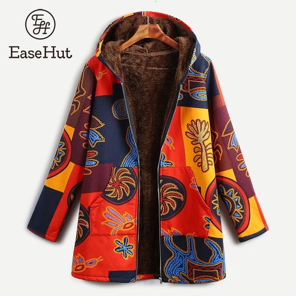 

easehut women ethnic printed jacket coat open front zipper warm hooded vintage coat female thin outerwear overcoat plus size 1014, Black