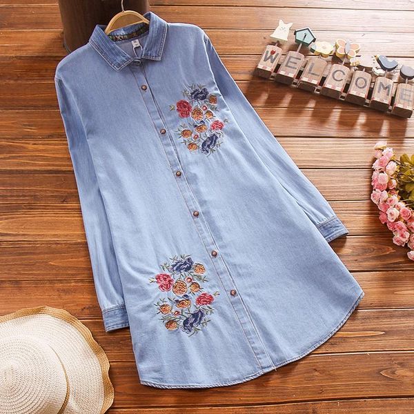 

temperament retro denim floral embroidery long shirt blouse women mori girl 2018 spring1, White