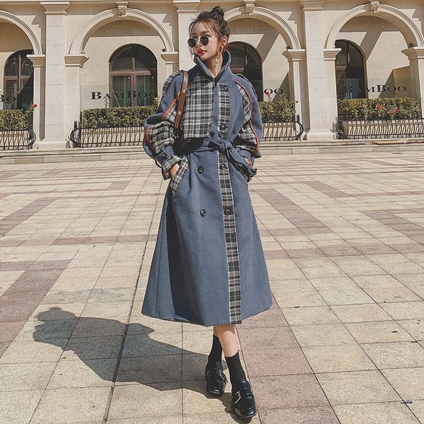 

2021 new women's coat new winter loose plaid double-sided haze blue lapel waist fashion wool female1x jacket 4v13, Black