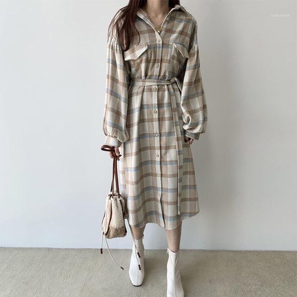 

korean chic contrast plaid winter coat women with sashes turn-down collar loose casual woman jacket vintage shirt dress coats1, Black
