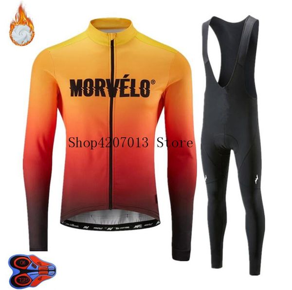 

2020 morvleo winter cycling clothing jersey 9d bib set men road bike long sleeve bike thermal fleece clothes cycling kit wear, Black;blue