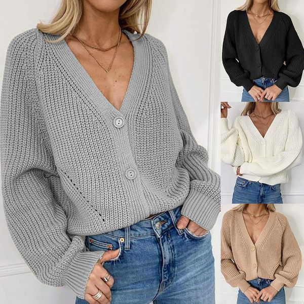 

2021 new casual loose sweater long sleeve button sweaters cardigan women solid knitwear v neck womens clothing cardigan, White;black