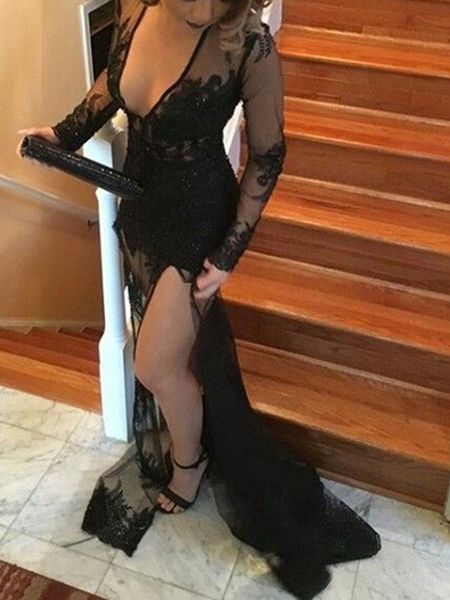 

deep v-neck prom gowns long sleeves side split evening party dress for special occations dresses, Black;red