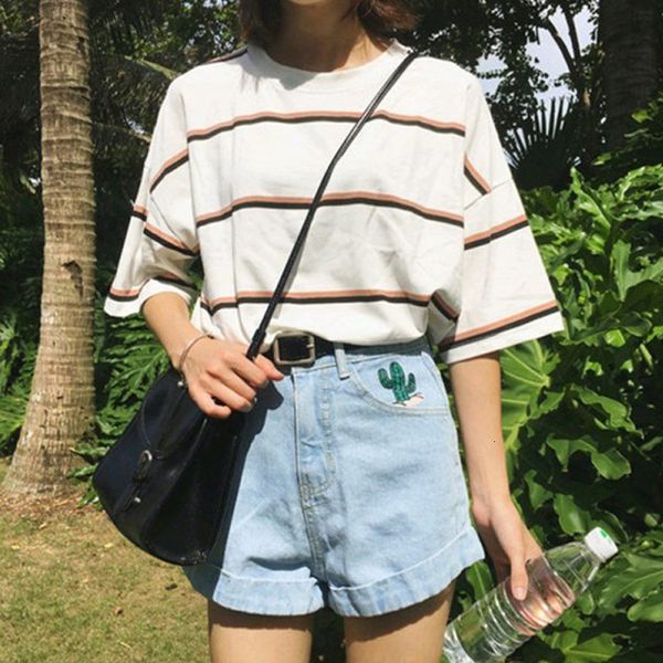 

2020 women's stripe loose tide short sleeve t-shirt fashion korean retro students summer simple females t-shirts, White