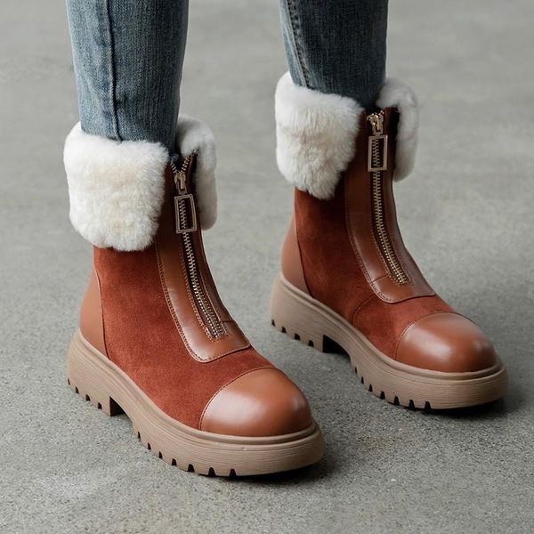 

boots warm thick-fur women pu leather ankle winter 2021 medium heels front zip chunky booties platform fur headband snow, Black