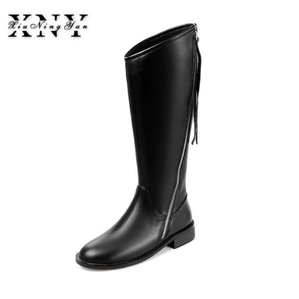 

xiuningyan women knee high boots genuine leather autumn winter warm back zip high motorcycle snow boot 2020 handmade shoes woman, Black