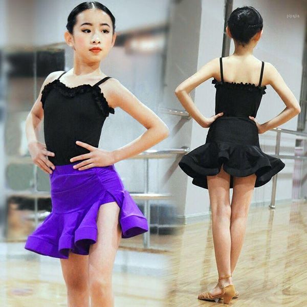 

children's latin dance costume girl practice dress summer sleeveless latin dance skirt1, Black;red