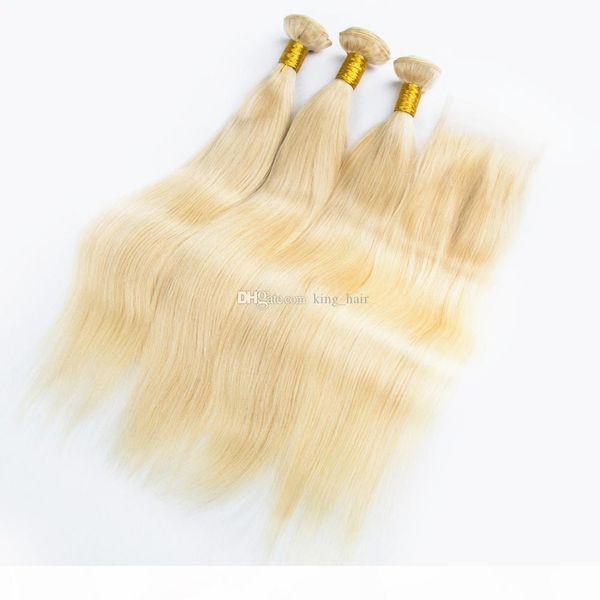 

белить blonde шелковистой прямой 3bundles ткет волос с кружевом закрытие 4x4 colored 613 straight утки выдвижения волос с верхней крышкой шт, Black