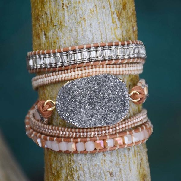 

big natural grey druzy stone bracelet vintage leather wrap bracelet boho miyuki seed beads wraps dropship y200730, Black