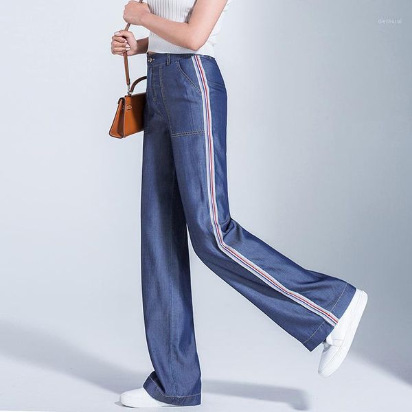 

summer woman high waist tencel straight jeans women ice silk stripes retro wide leg pants loose trousers jeans1, Blue