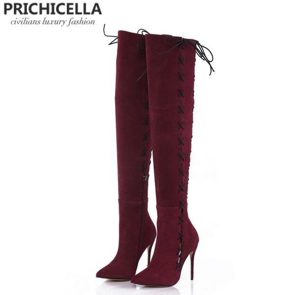 

prichicella redwine genuine leather side lace-up thigh boots stiletto heels autumn winter high booties y200723, Black