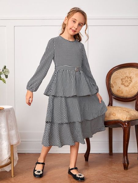 

girls houndstooth print layered hem bishop sleeve dress she, Red;yellow