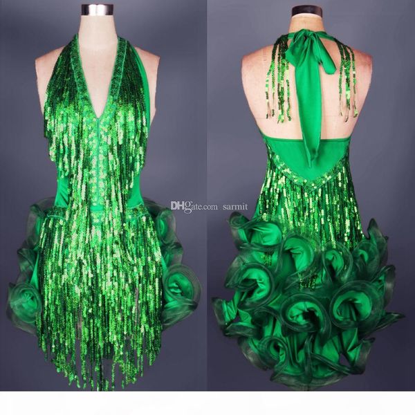 

sequins latin dance dress women girls latin salsa dance competition dresses tassel samba costums d0186 8 colors 16 choices fluffy hem, Black;red