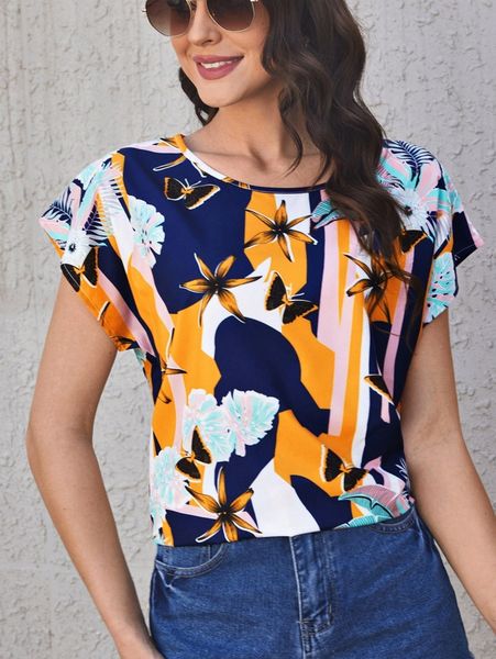 

butterfly & floral print batwing sleeve 62gq#, White