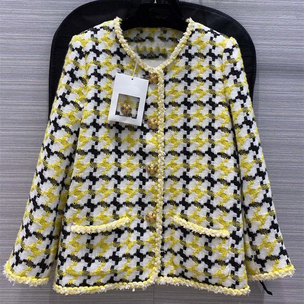 

european and american women's wear 2020 summer new style long sleeve contrast color exquisite button fashion woven tweed coat1, Black