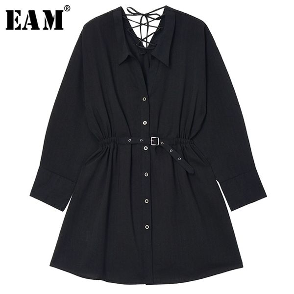 

[eam] women black elastic waist back cross bandage shirt dress new lapel long sleeve loose fit fashion spring summer lj200818, Black;pink