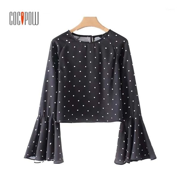 

women cute polka dots shirts back cut out flare sleeve o neck blouse ladies fashion regular vestidos chic casual blusas1, White