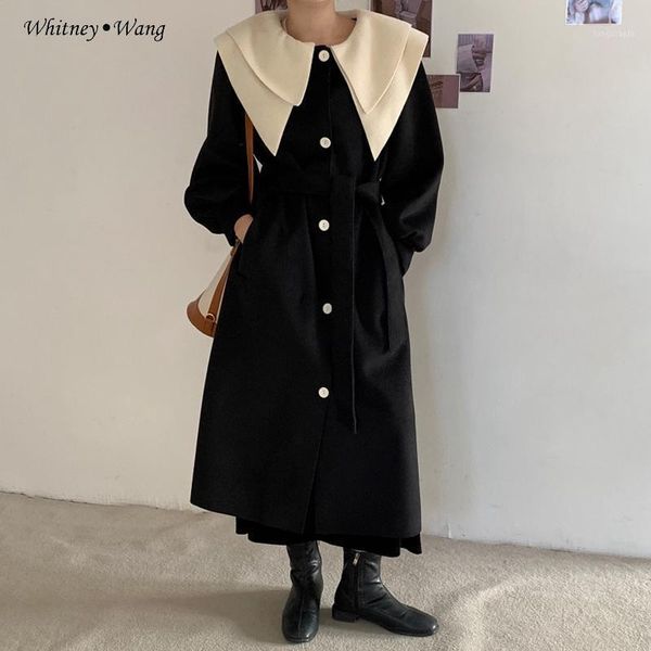 

whitney wang woolen coat 2020 autumn winter fashion vintage style big layered collar sashes blend wool coat women outwear1, Black