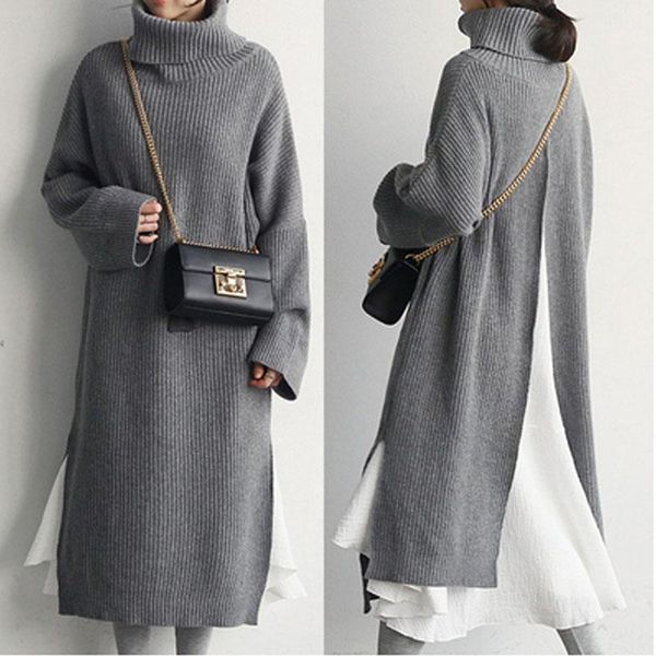 

women 3color long big size knitting dress new high collar long sleeve loose fit fashion tide autumn winter 2021 split dresses1, Black;gray