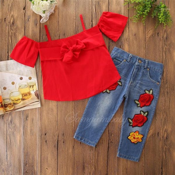 

clothing sets baby girl clothes set 2021 summer dress suit red suspenders rose pattern jeans long pants two-piece kids clothes1, White